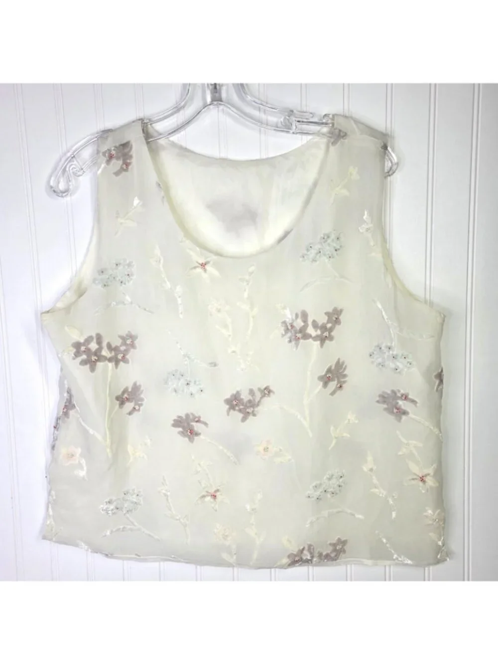 Vintage Ivory Chiffon Shell Top Large Beaded Velvet Floral Romantic Cottage Y2K